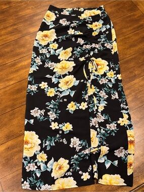 Black Floral Midi Skirt with Yellow Bloom Print